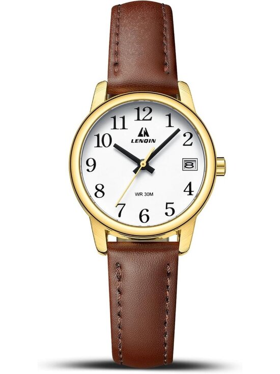 Accessories - Women's Dark Brown Gold White Analog Waterproof Easy Reader Leather Strap Watch